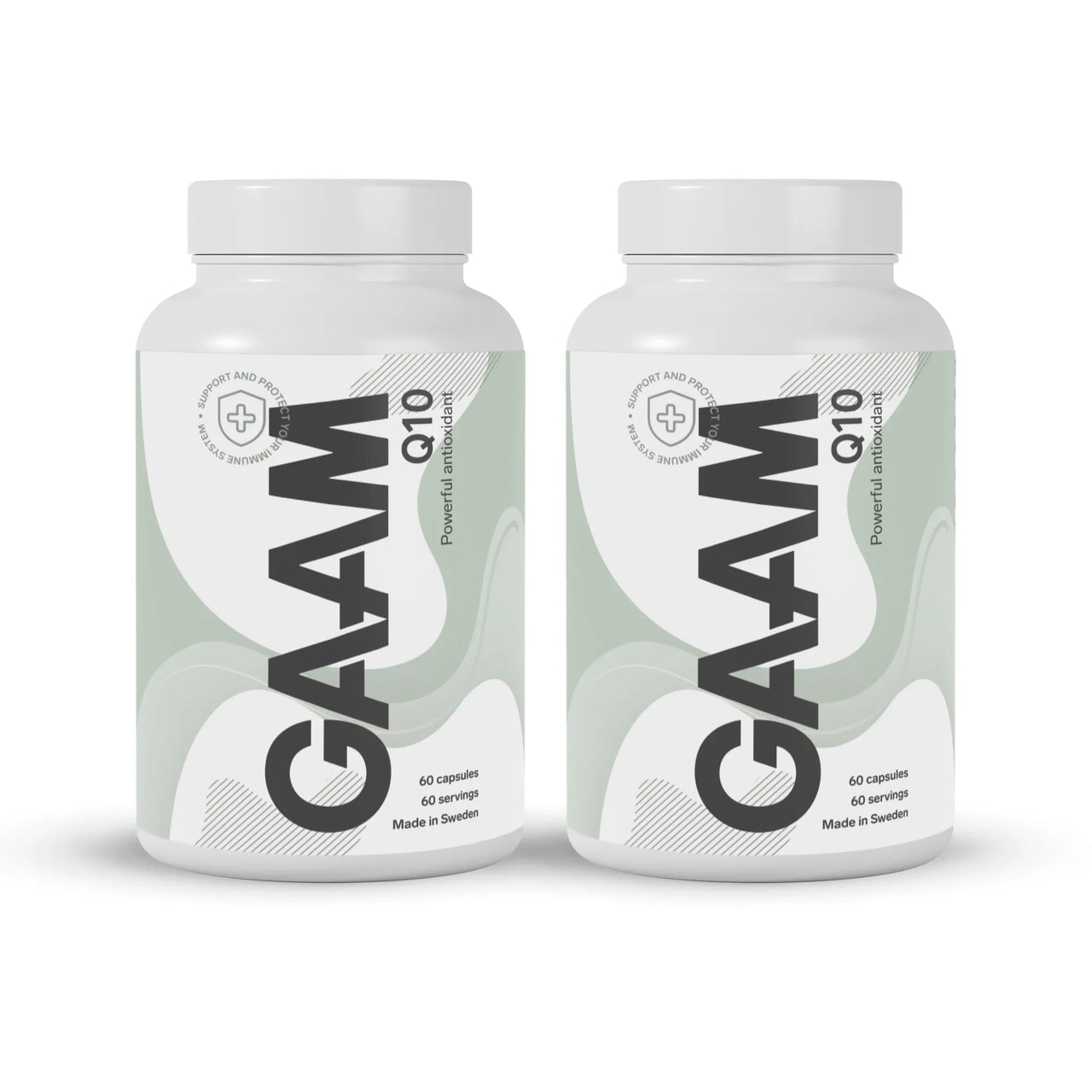 2 x GAAM Q10 120 caps -ravintolisä kahdessa valkoisessa purkissa vaaleanvihreillä ja mustilla yksityiskohdilla.