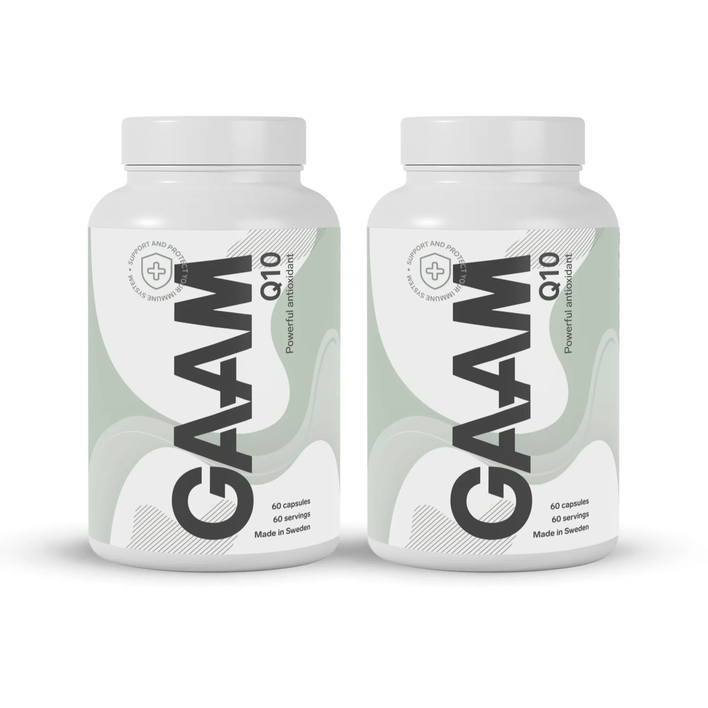 2 x GAAM Q10 120 caps -ravintolisä kahdessa valkoisessa purkissa vaaleanvihreillä ja mustilla yksityiskohdilla.