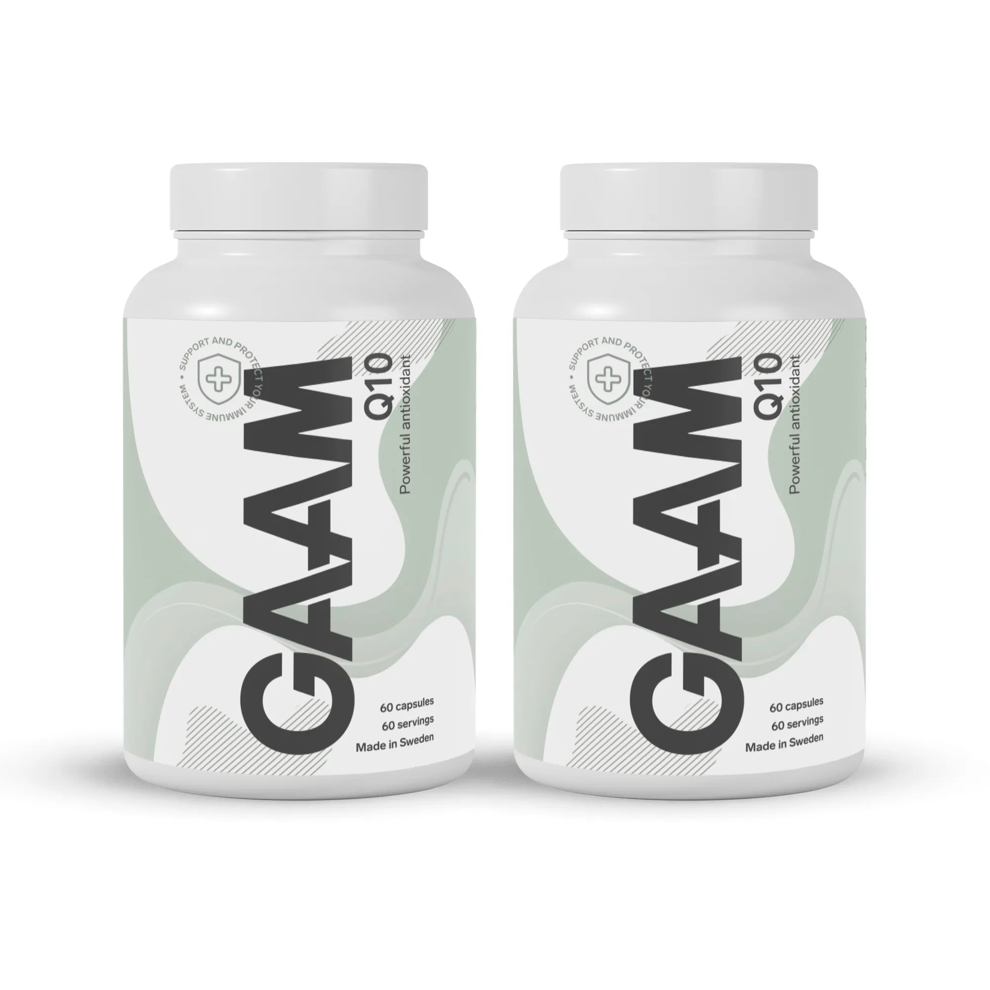 2 x GAAM Q10 120 caps -ravintolisä kahdessa valkoisessa purkissa vaaleanvihreillä ja mustilla yksityiskohdilla.