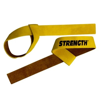 Keltaiset Strength Dragremmar Läder -vetoremmit liukuvalla silmukalla ja mustalla logolla.