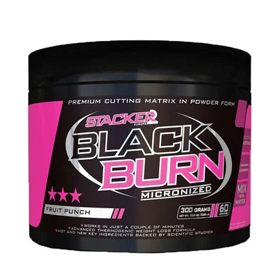 Stacker2 Black Burn Micronized 300 g -rasvanpolttajajauhe, maku Fruit Punch, mustassa purkissa pinkeillä yksityiskohdilla.