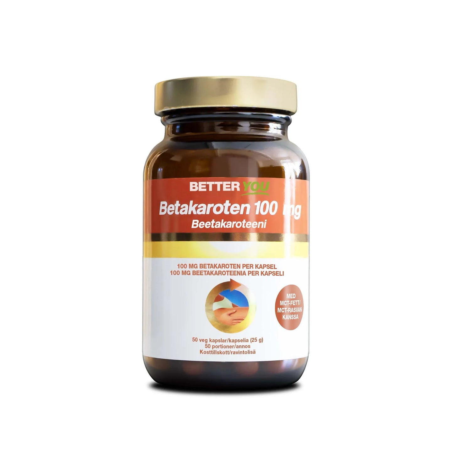 Better You Betakaroten 100 mg 50 caps -ravintolisä tummanruskeassa purkissa valko-oranssilla etiketillä ja kultakorkilla.