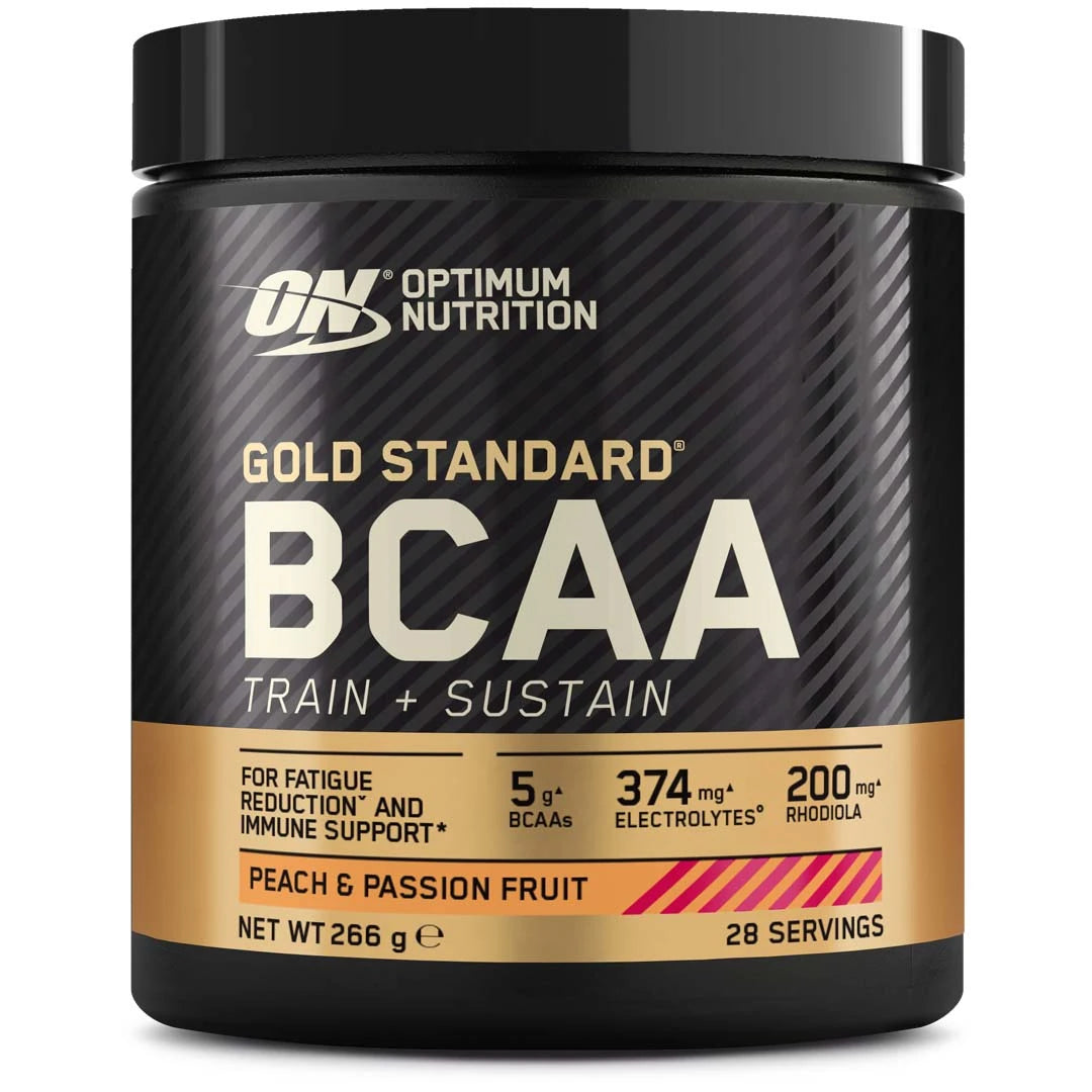 Optimum Nutrition Gold Standard BCAA 266 g mustassa purkissa kultaisilla yksityiskohdilla, makuna Peach Passionfruit.