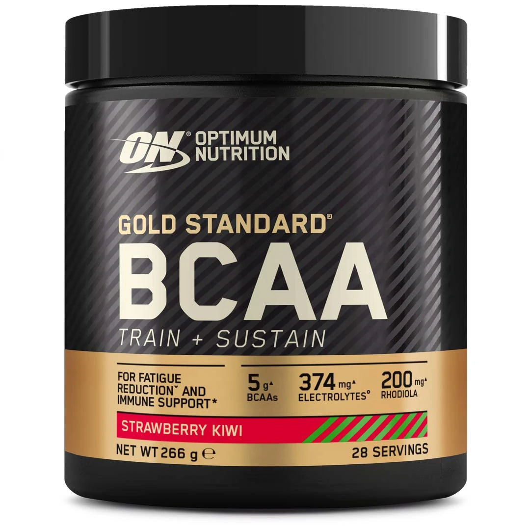 Optimum Nutrition Gold Standard BCAA 266 g Strawberry Kiwi mustassa purkissa kultaisin ja punaisin yksityiskohdin.