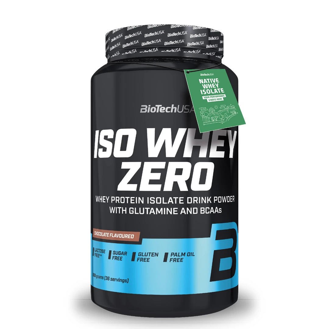 Musta purkki BioTechUSA Iso Whey Zero 908 g -proteiinijauhetta suklaan makuisena, vihreällä etiketillä.