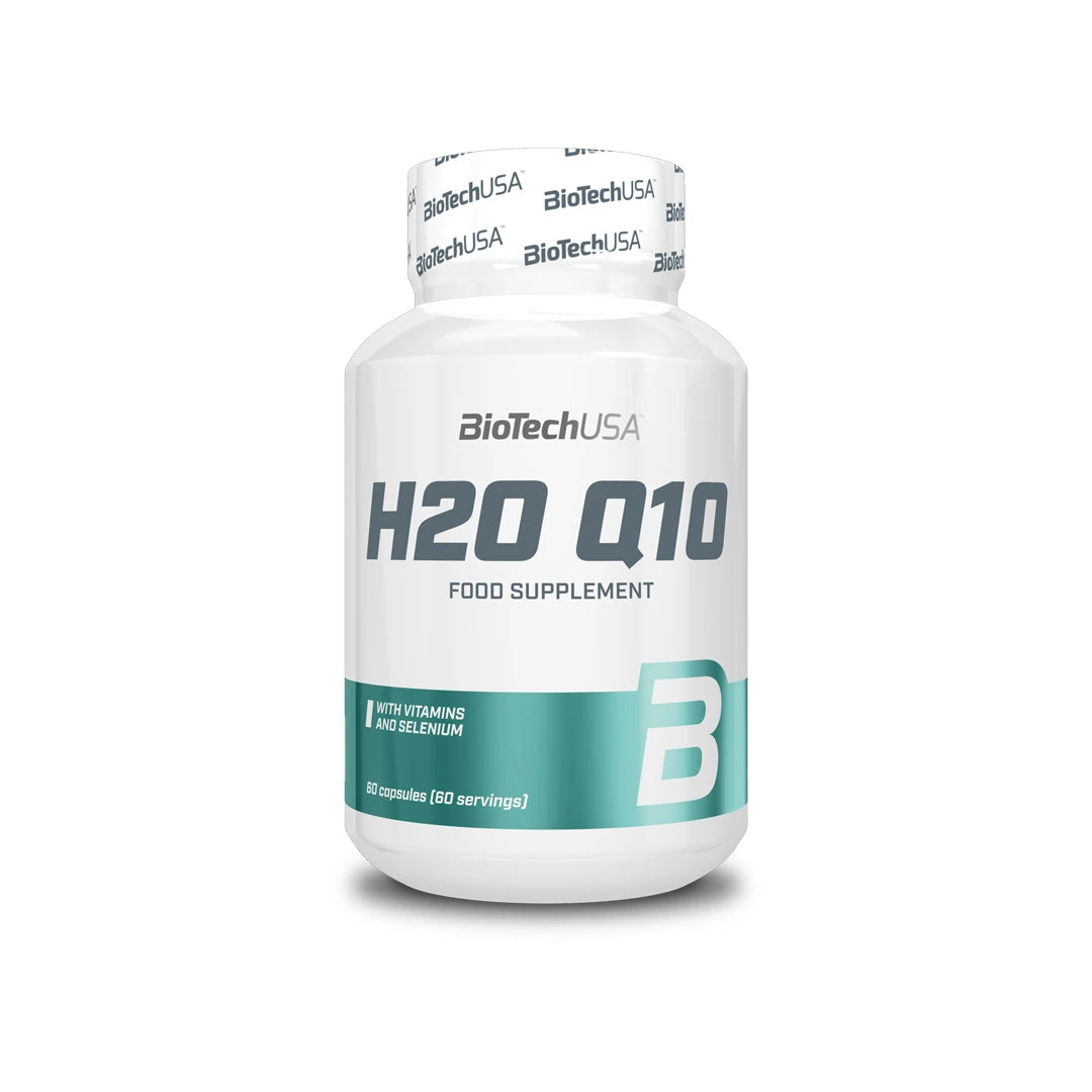 BioTechUSA H2O Q10 60 caps -ravintolisä pakattuna valkoiseen purkkiin turkooseilla yksityiskohdilla.