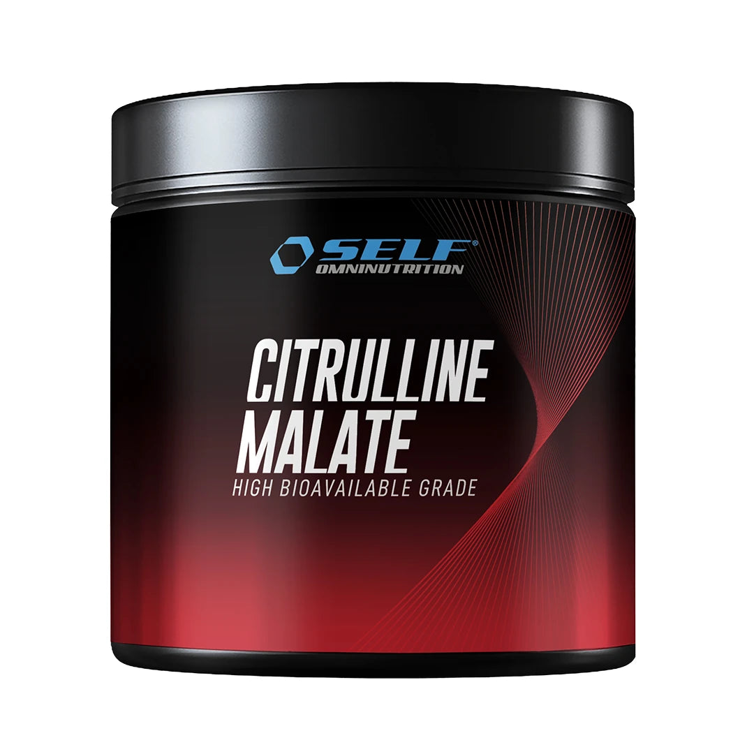 Self Omninutrition Citrulline Malate 200 g -aminohappolisä suorituskykyyn, mustassa purkissa punaisilla yksityiskohdilla.