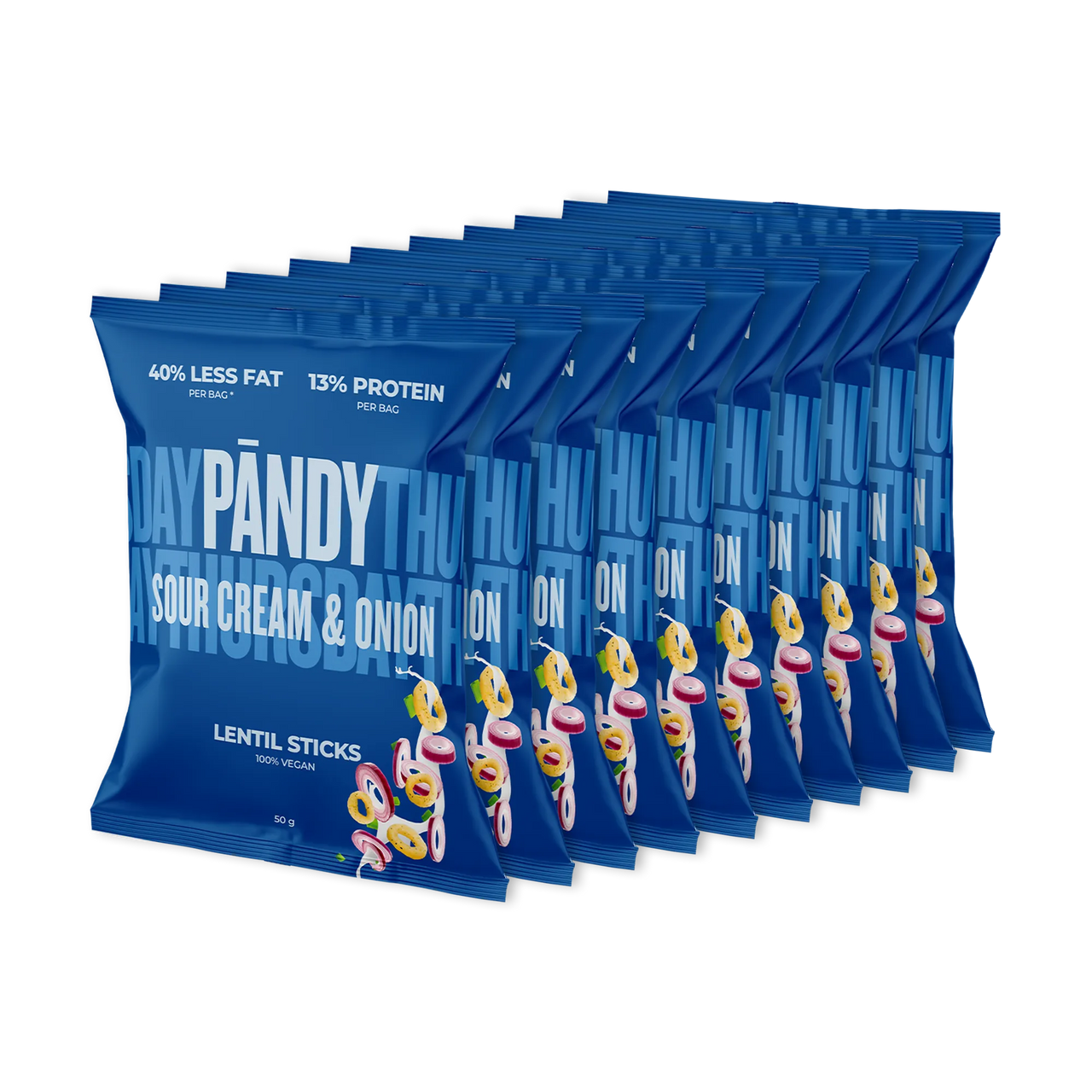 10 x Pändy Lentil Snacks 50 g vaaleanvihreissä pusseissa, makuna Spring Onion, aseteltuna pyramidin muotoon.