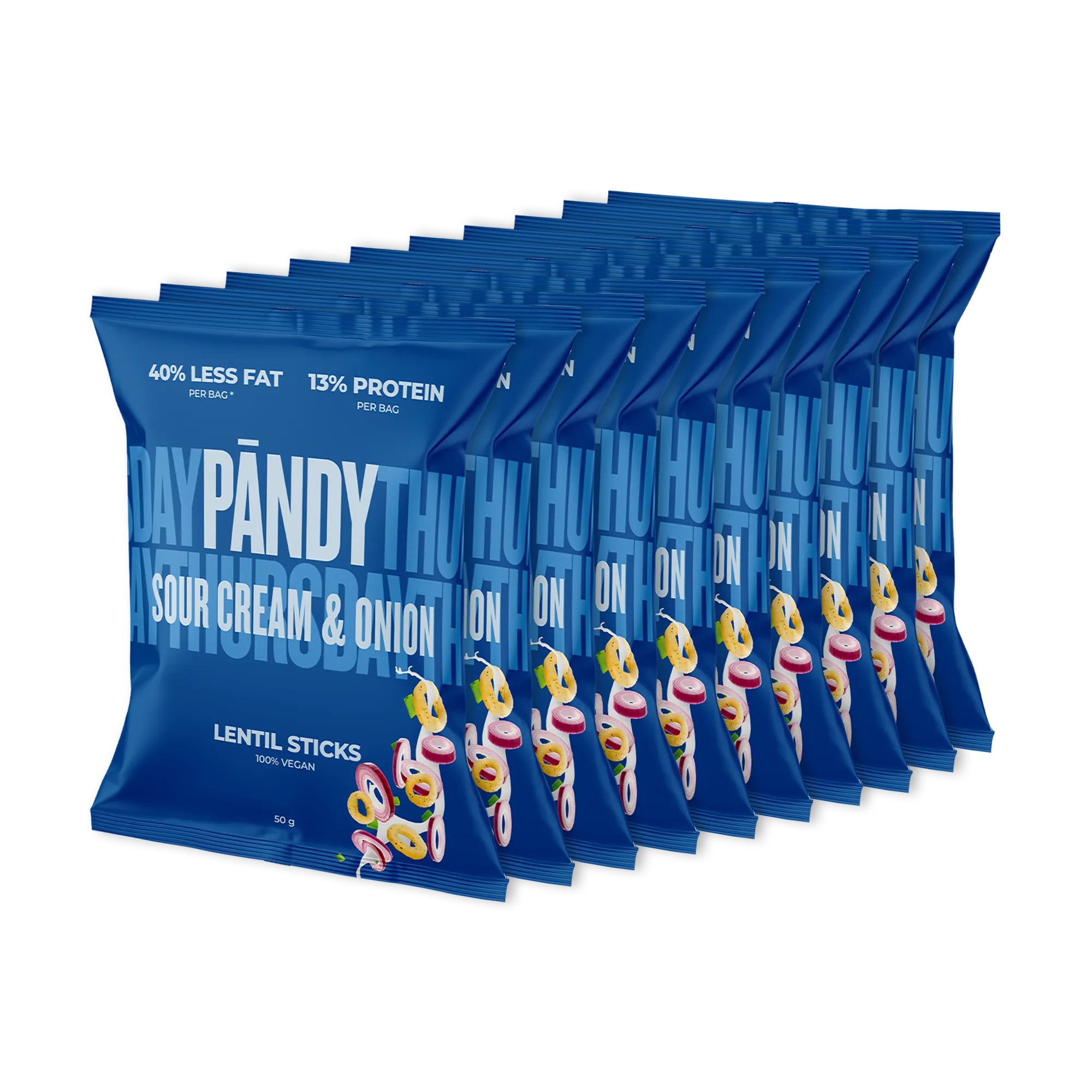 10 x Pändy Lentil Snacks 50 g vaaleanvihreissä pusseissa, makuna Spring Onion, aseteltuna pyramidin muotoon., kuva 1/1