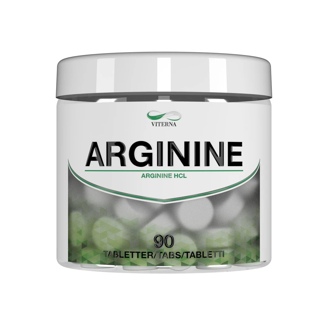 Viterna Arginine 90 tabs -aminohappotabletit valkoisessa purkissa vihreillä ja mustilla yksityiskohdilla.