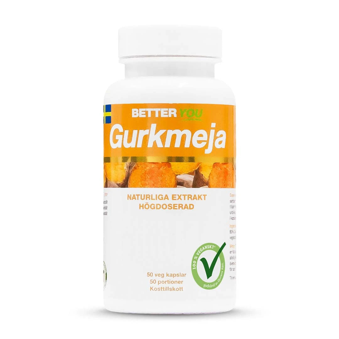 Valkoinen purkki Better You Gurkmeja 50 caps -ravintolisää oranssilla etiketillä ja vegaanimerkinnällä.