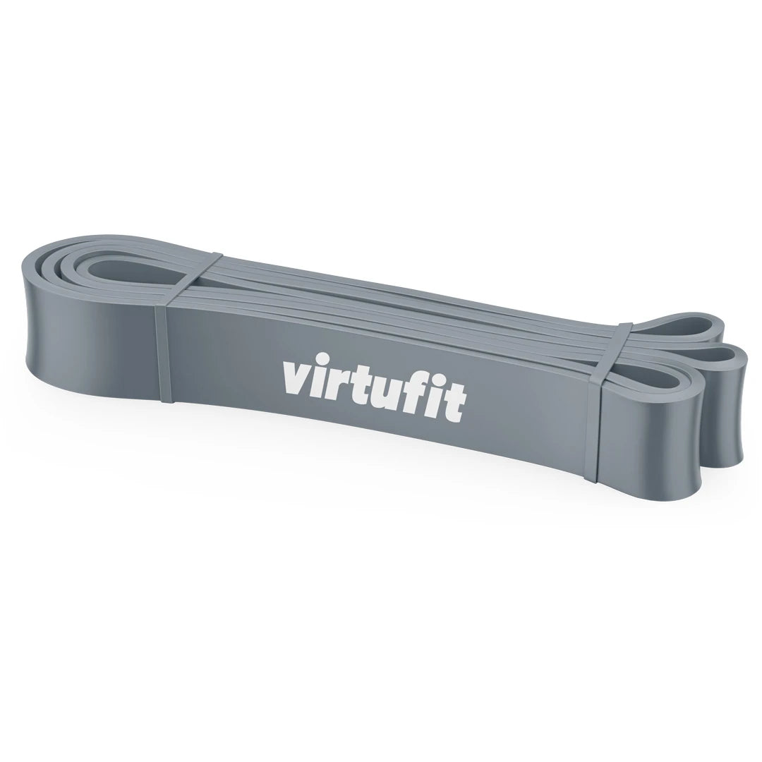 Harmaa Virtufit Power Band Medium -treeninauha PVC-materiaalia valkoisella logolla voimaharjoitteluun.