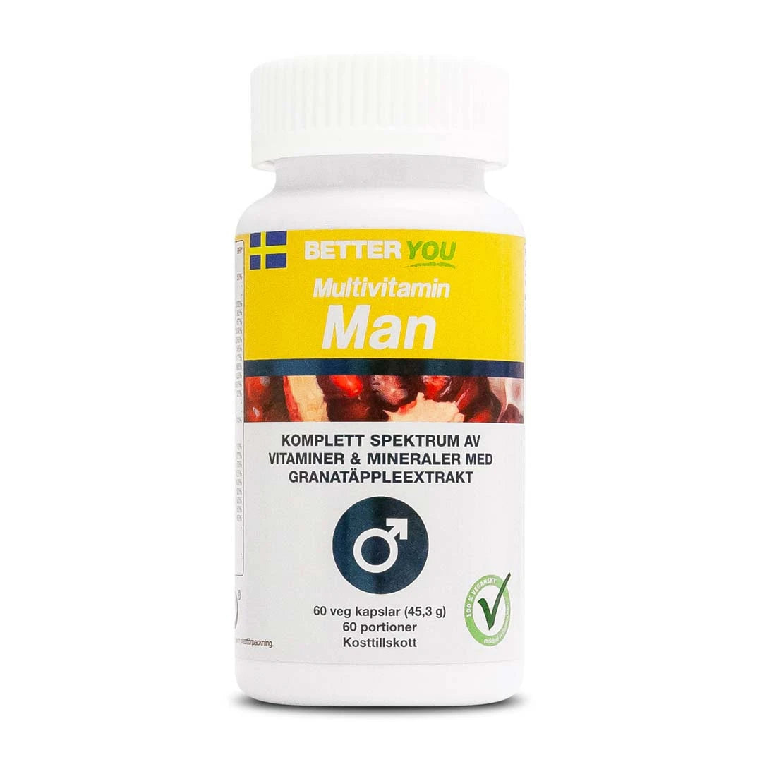 Better You Multivitamin Man 60 caps, vegaaninen monivitamiini valkoisessa purkissa, jossa keltainen etiketti ja granaattiomenakuvio.