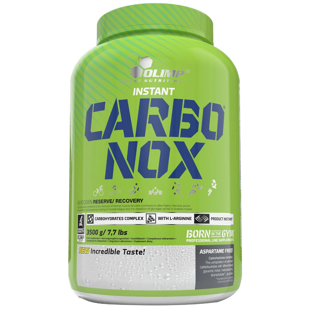 Olimp Carbo NOX 3,5 kg -hiilihydraattijauhe isossa, vaaleanvihreässä purkissa, jossa on sininen teksti ja yksityiskohtia.