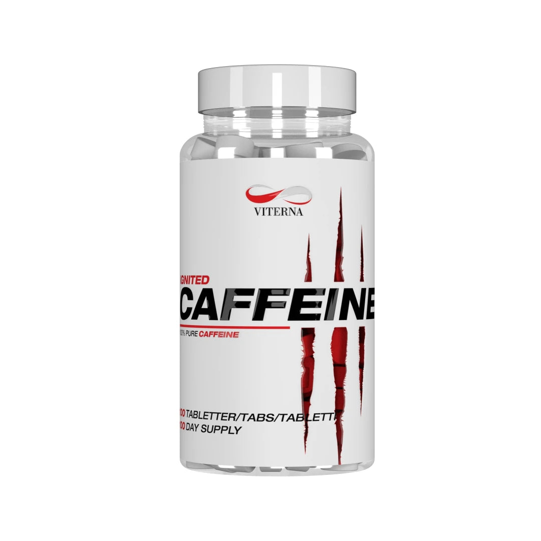 Viterna Ignited Caffeine 100 tabs -kofeiinitabletit läpinäkyvässä purkissa, valkoinen etiketti ja punaiset raapimajäljet.