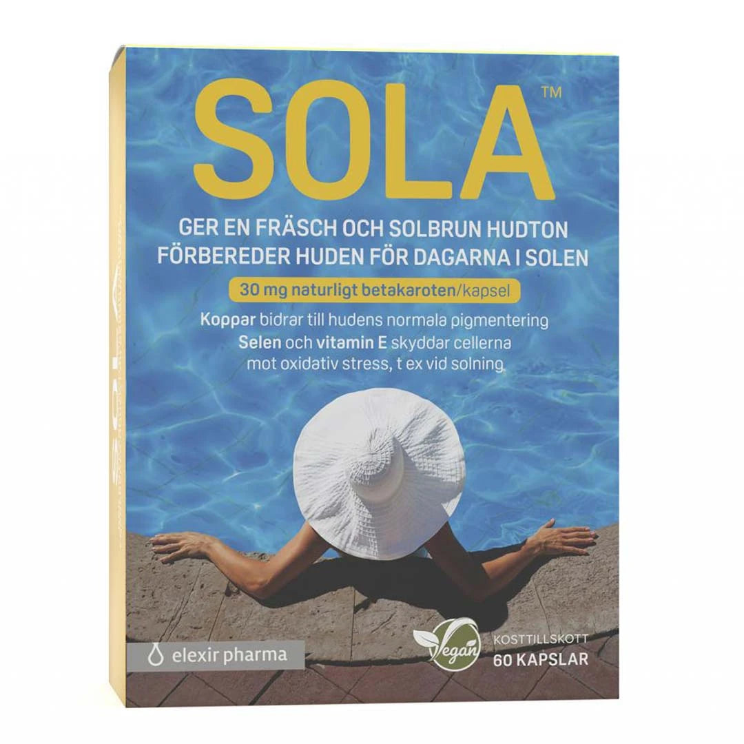 Elexir Pharma SOLA 60 caps -ravintolisä rasiassa, jossa on kesäinen uima-allasaihe ja suuri keltainen teksti.