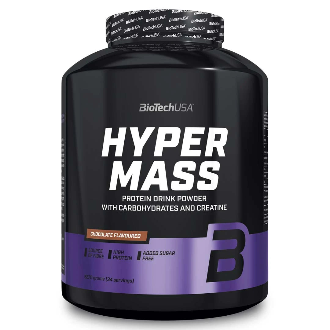 BioTechUSA Hyper Mass 2.27 kg -gaineri makuna suklaa, mustassa purkissa violetteilla yksityiskohdilla.
