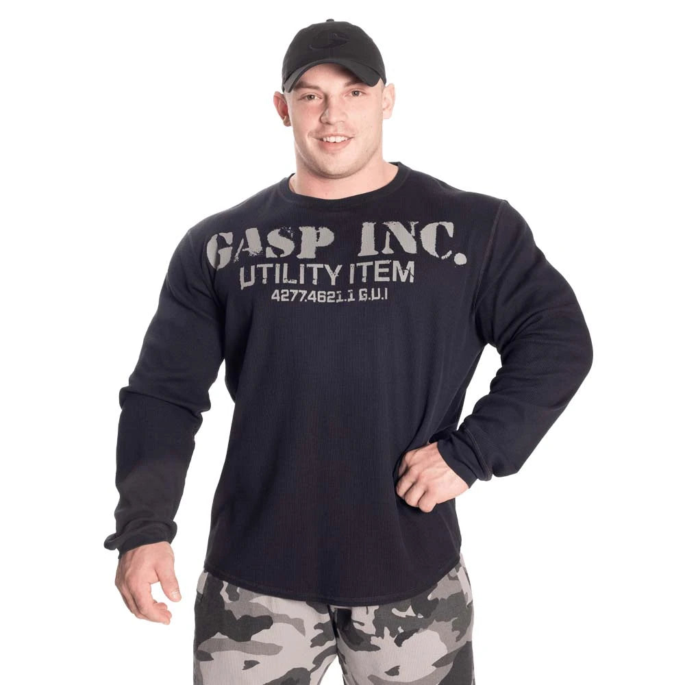 GASP Thermal Gym Sweater Asphalt, tummanharmaa treenipaita isolla rintapainatuksella miesmallin päällä., kuva 1/6