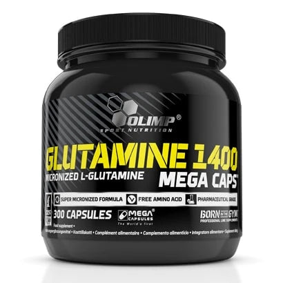 Olimp Glutamine 1400 Mega Caps 300 caps -ravintolisä mustassa purkissa keltaisella ja valkoisella tekstillä.