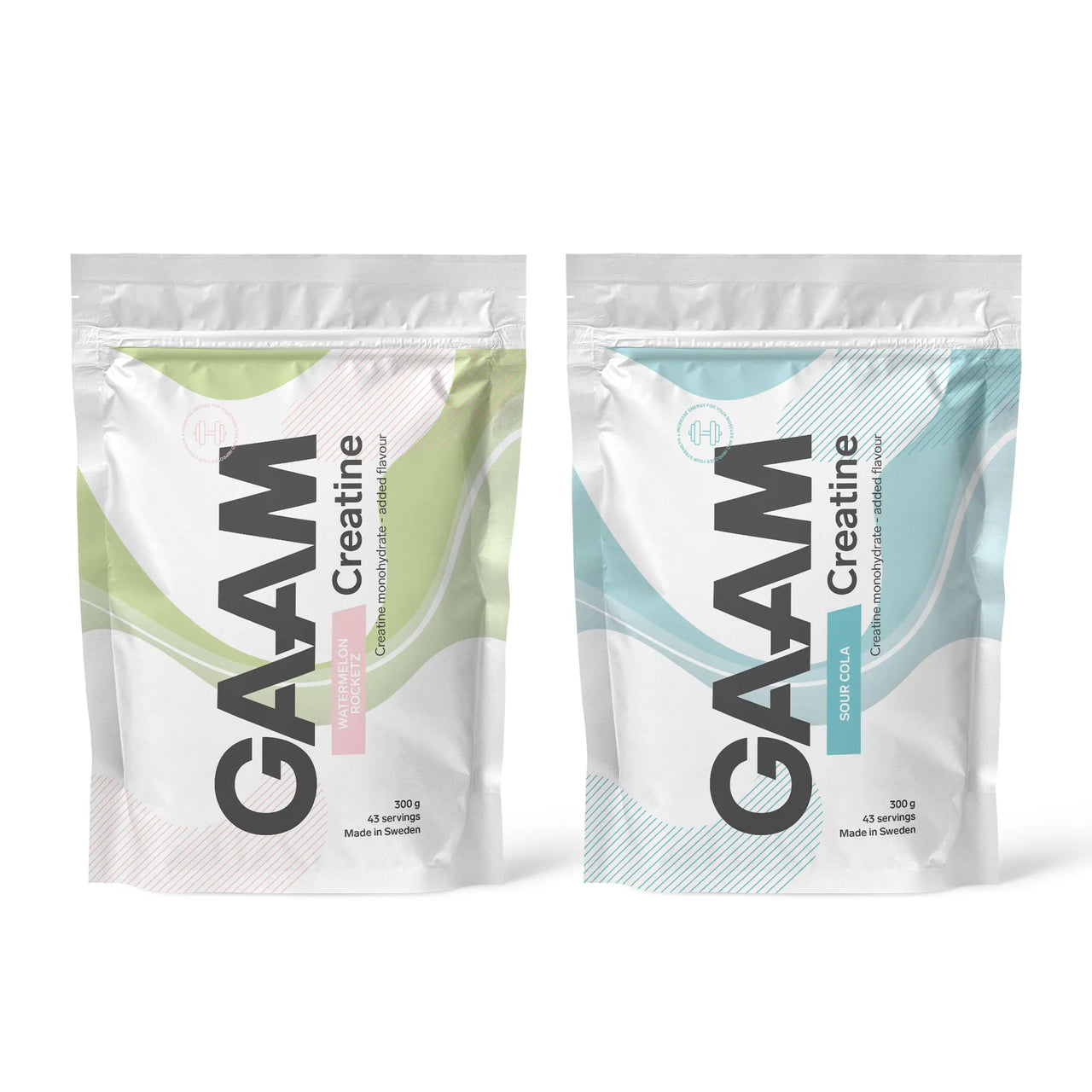2 x GAAM Creatine 300 g kahdessa valkoisessa pussissa, joissa on pastellinvärisiä yksityiskohtia makujen Watermelon Rocketz ja Sour Cola mukaisesti.