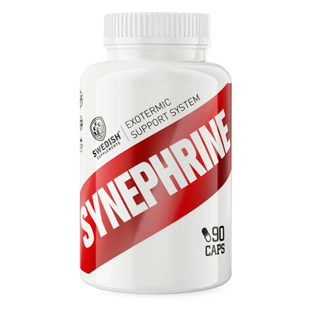 Swedish Supplements Synephrine 100 caps -rasvanpolttaja valkoisessa purkissa, jossa on leveä punainen raita.