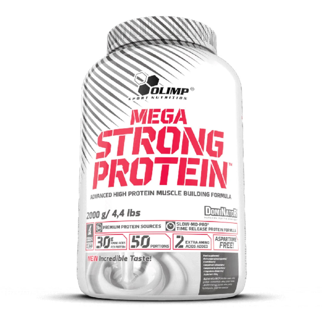 Valkoinen purkki punaisella tekstillä Olimp Dominator Mega Strong Protein 2 kg -proteiinijauhetta.