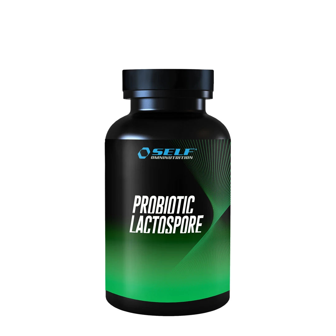 Self Omninutrition Probiotic Lactospore 60 caps mustassa purkissa vihreällä etiketillä ja valkoisilla yksityiskohdilla.
