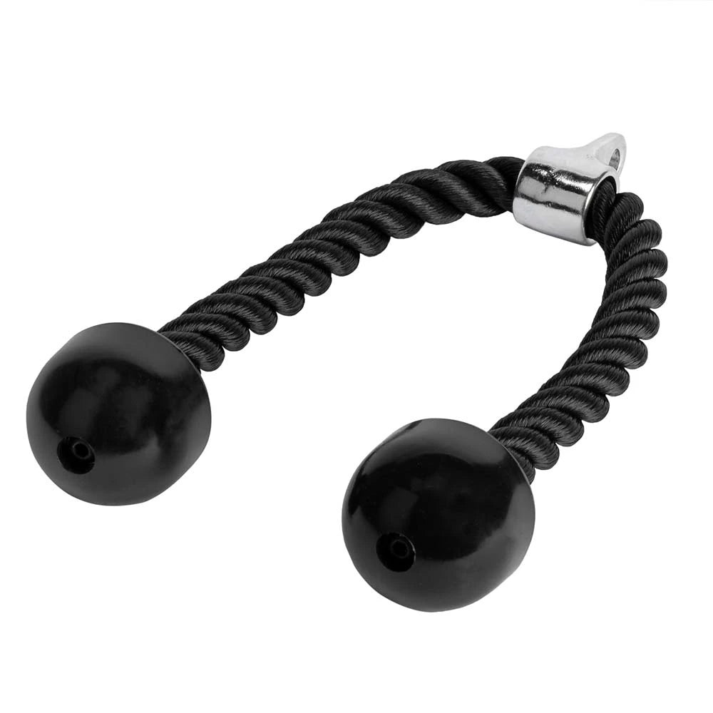 Musta Virtufit Triceps Rope on vahvasta nailonista valmistettu treeniköysi, jossa on kumistopparit ja metallikiinnike.
