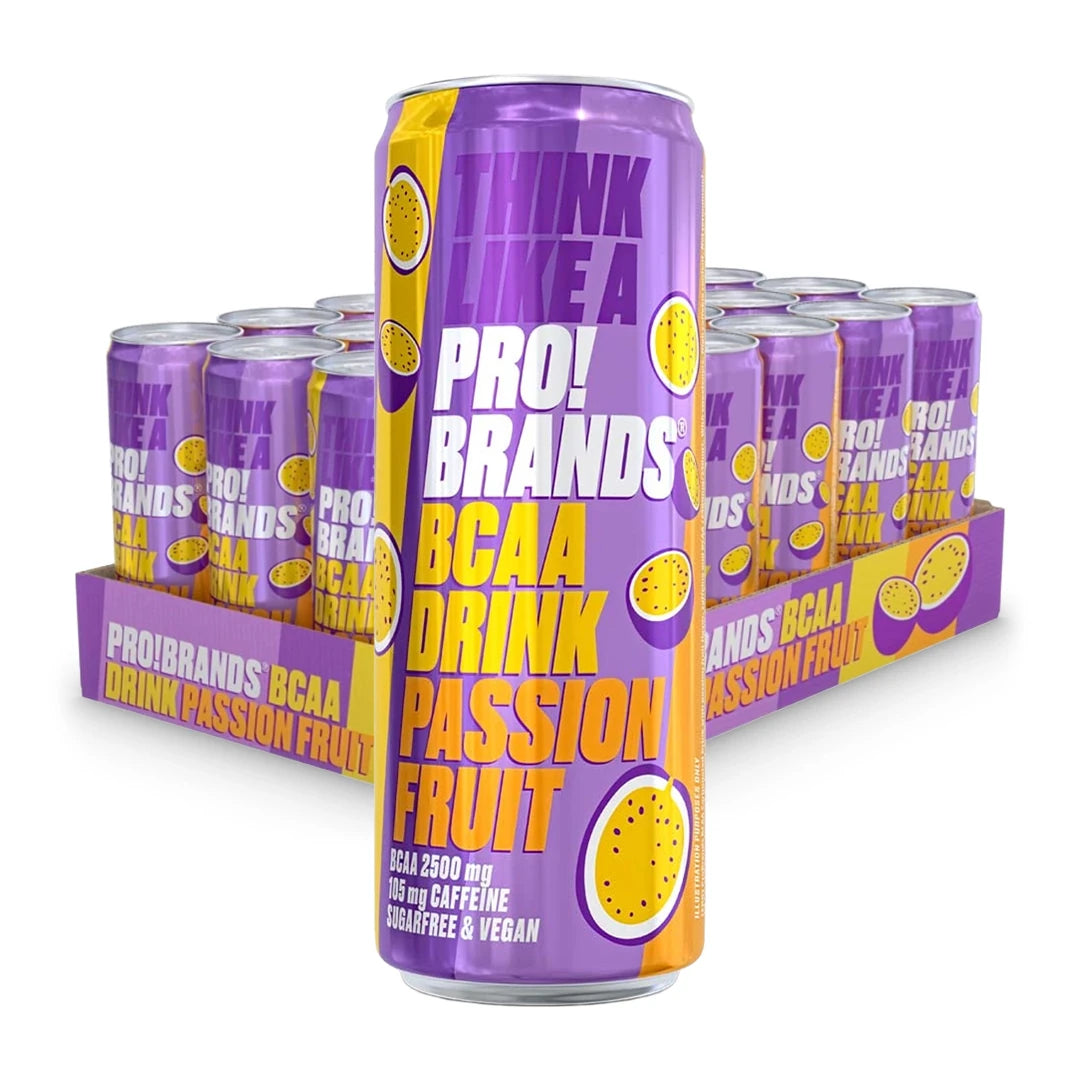 24 x PRO!BRANDS BCAA Drink 330 ml Passion Fruit liloissa ja keltaisissa tölkeissä pakattuna esittelylaatikkoon.