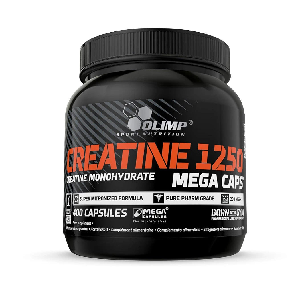 Olimp Creatine Mega caps 400 caps mustassa purkissa oranssilla ja valkoisella tekstillä tehokkaana kreatiinilisänä.