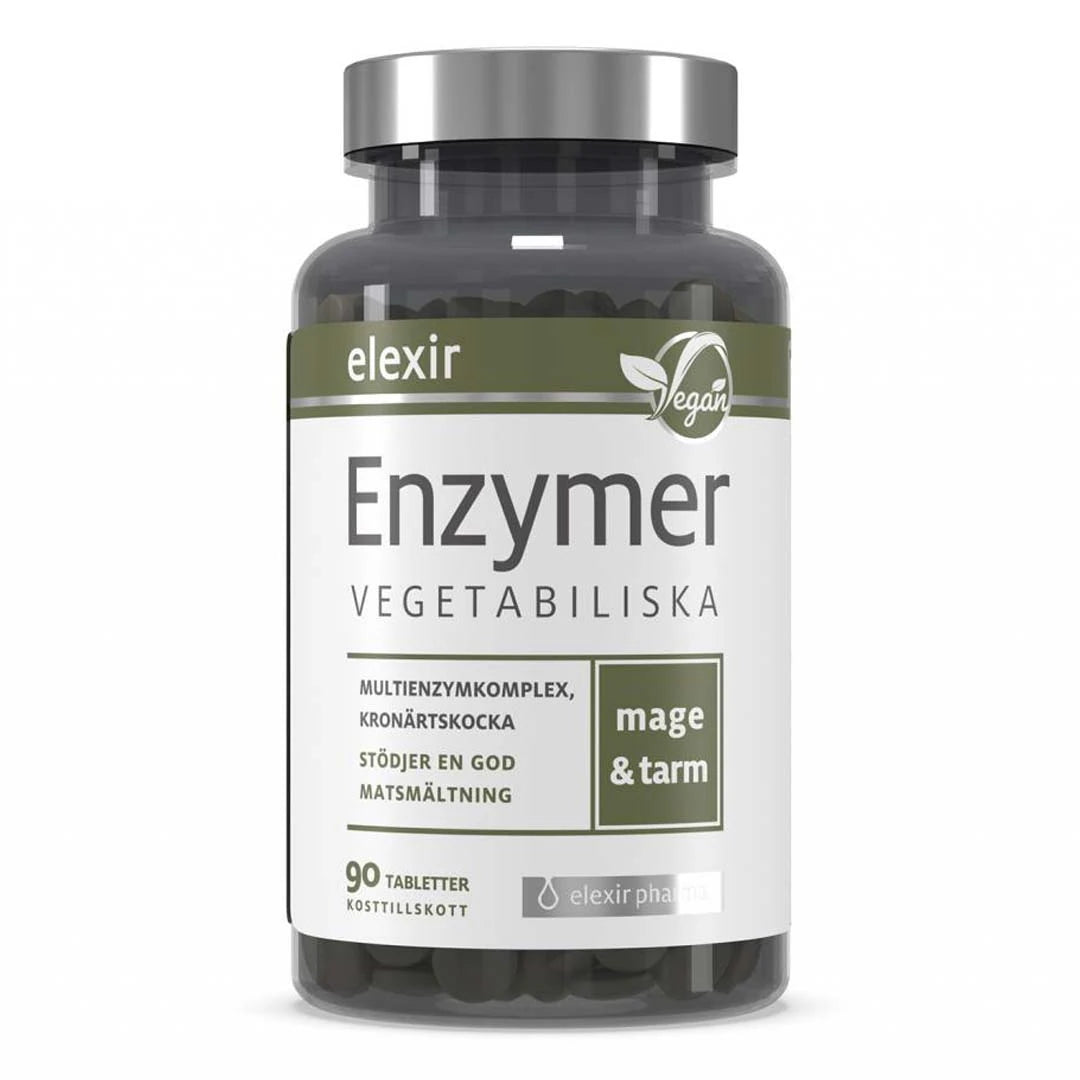 Elexir Pharma Enzymer 90 tabs tummassa purkissa, jossa on hopeanvärinen kansi ja valkovihreä etiketti.