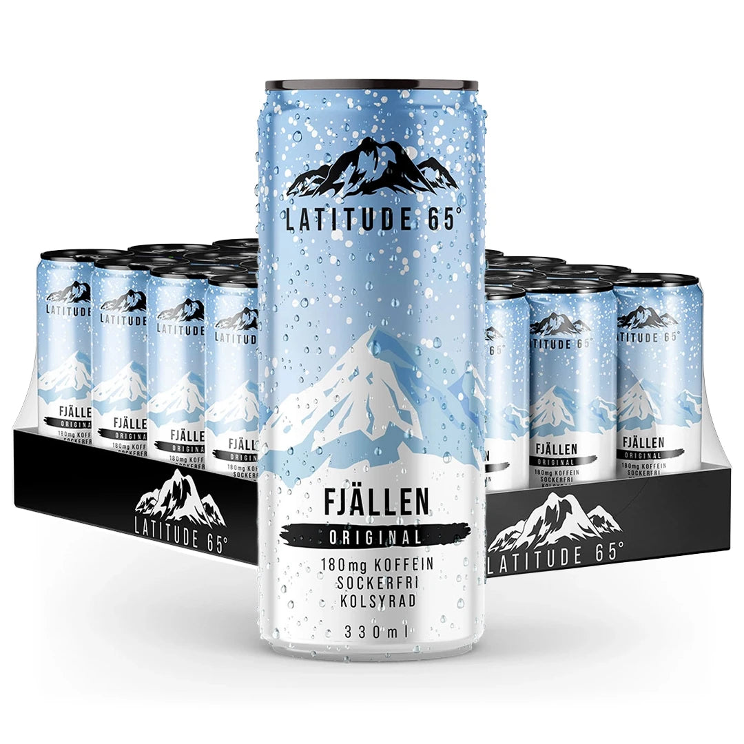 24 x Latitude 65 330 ml Fjällen - Original mustassa laatikossa, jossa on vaaleansinisiä ja valkoisia tölkkejä.