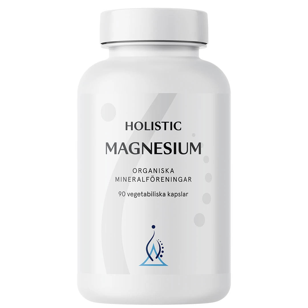 Holistic Magnesium 120 mg 90 caps -ravintolisä valkoisessa muovipurkissa harmailla ja sinisillä yksityiskohdilla.