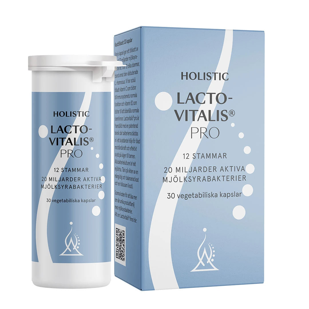 Holistic Lactovitalis® pro 30 caps -ravintolisä pakattuna vaaleansinivalkoiseen purkkiin ja pahvikoteloon.