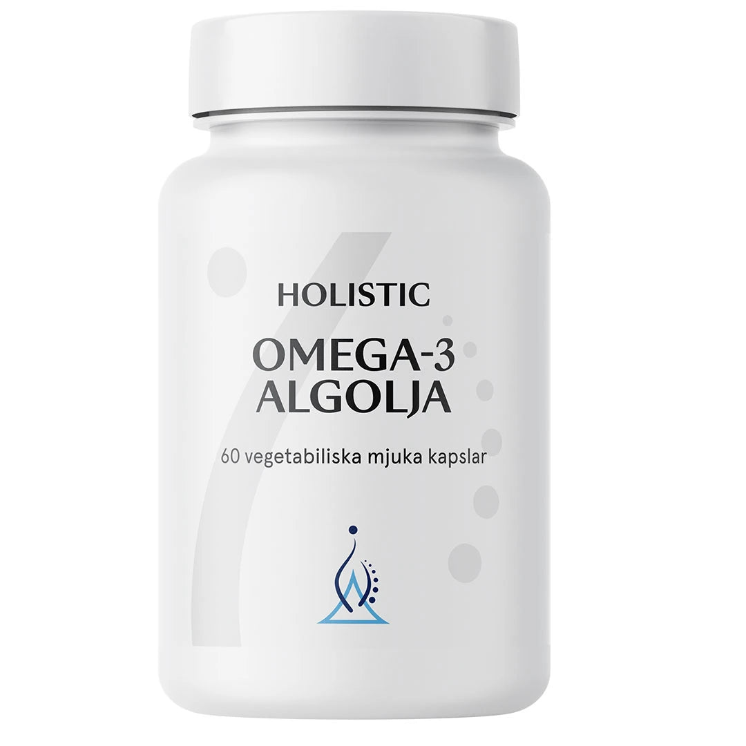 Holistic Omega-3 Algolja 60 caps tyylikkäässä valkoisessa purkissa, jossa on harmaita ja sinisiä yksityiskohtia.