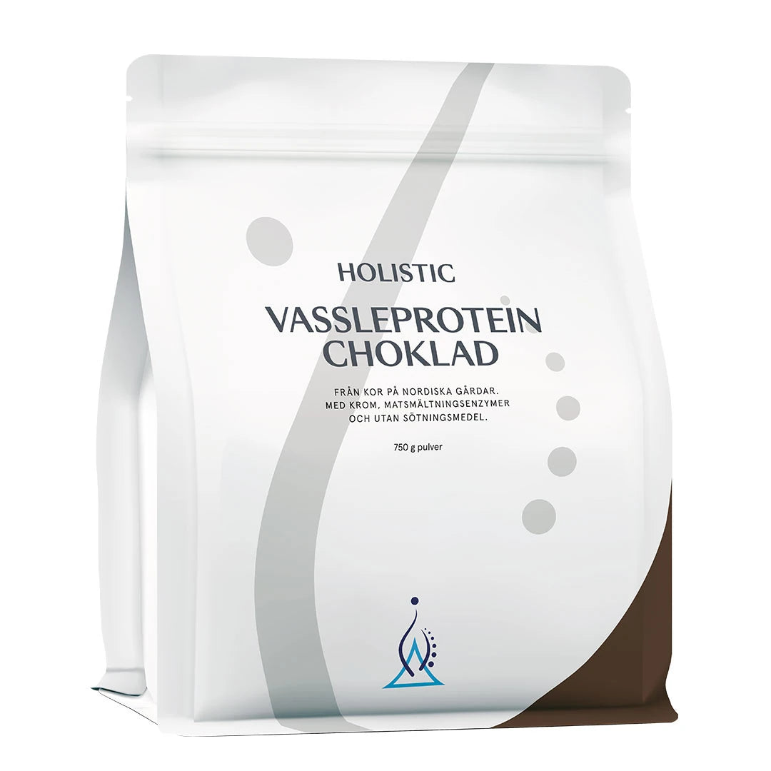 Holistic Heraproteiini 750 g -proteiinijauhe valkoisessa pussissa harmailla ja ruskeilla yksityiskohdilla, makuna suklaa.