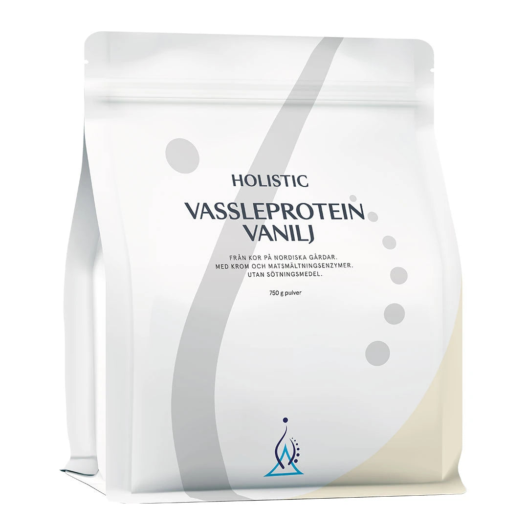 Holistic Vassleprotein 750 g -proteiinijauhe valkoisessa pussissa vaaleanharmailla yksityiskohdilla, makuna vanilja.