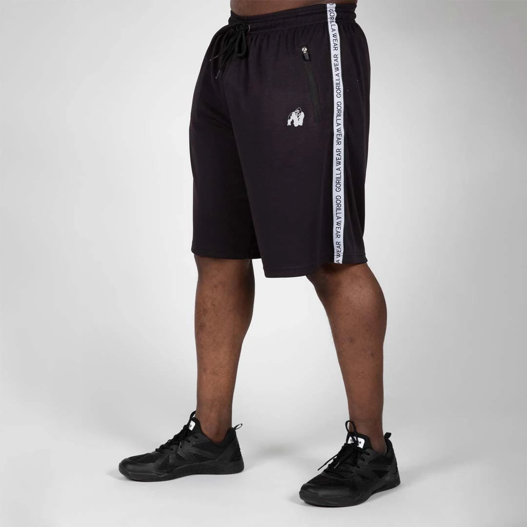 Mustat Gorilla Wear Reydon Mesh Shorts 2.0 Black -verkkoshortsit valkoisella logoraidalla ja vetoketjutaskuilla., kuva 3/8
