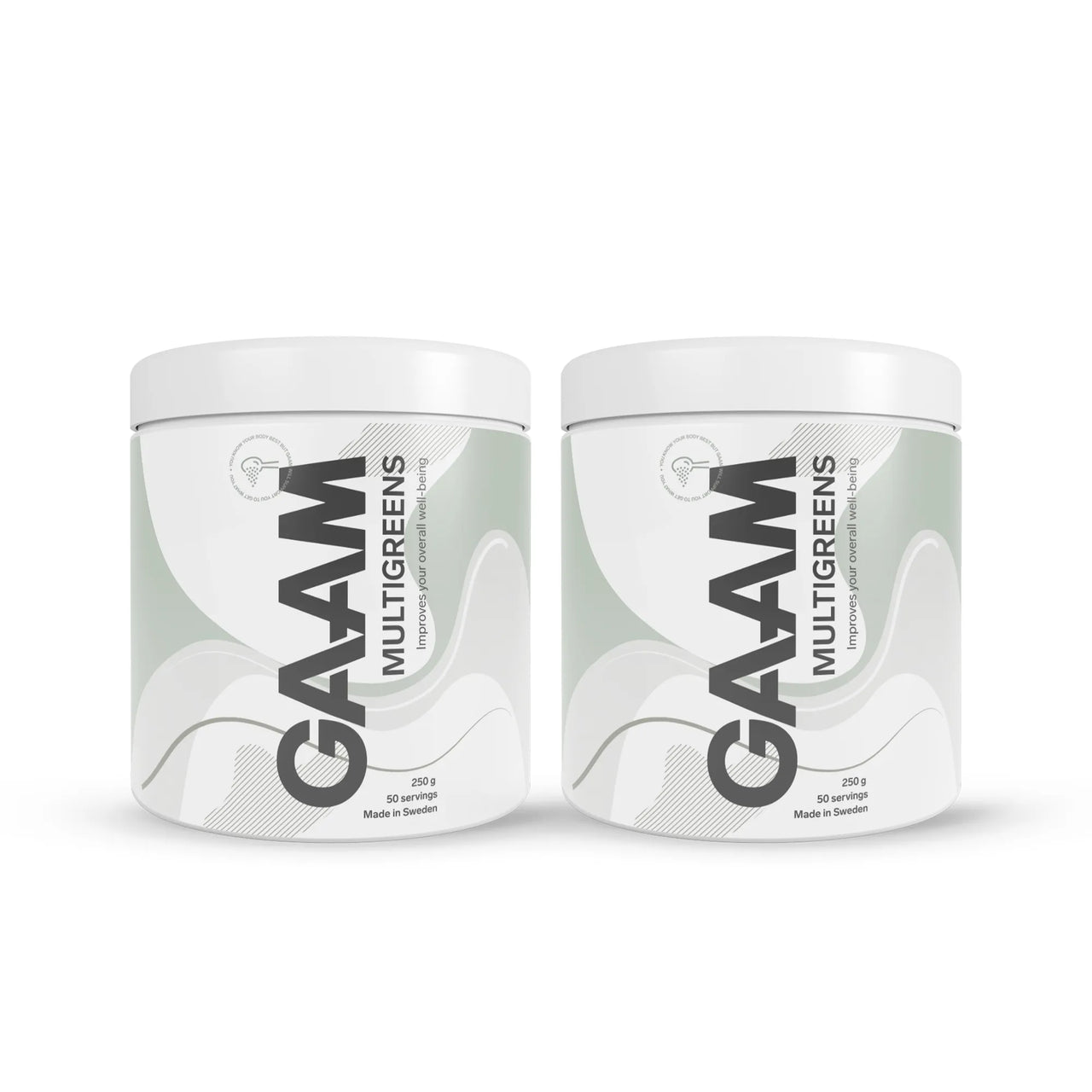 2 x GAAM Multigreens 250 g -ravintolisä kahdessa valkoisessa purkissa, joissa on harmaita ja vihreitä yksityiskohtia.