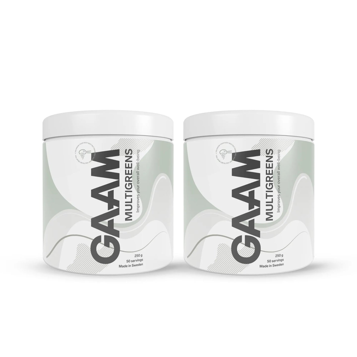 2 x GAAM Multigreens 250 g -ravintolisä kahdessa valkoisessa purkissa, joissa on harmaita ja vihreitä yksityiskohtia.