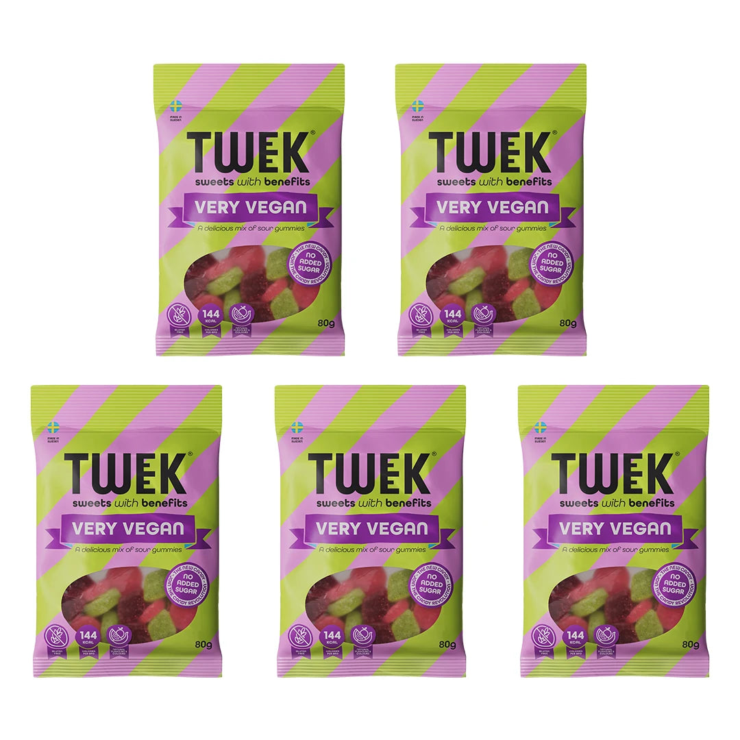 5 x Tweek Sweets 80 g Very Vegan vihreissä ja violeteissa pusseissa, joissa on happamia hyytelökarkkeja.