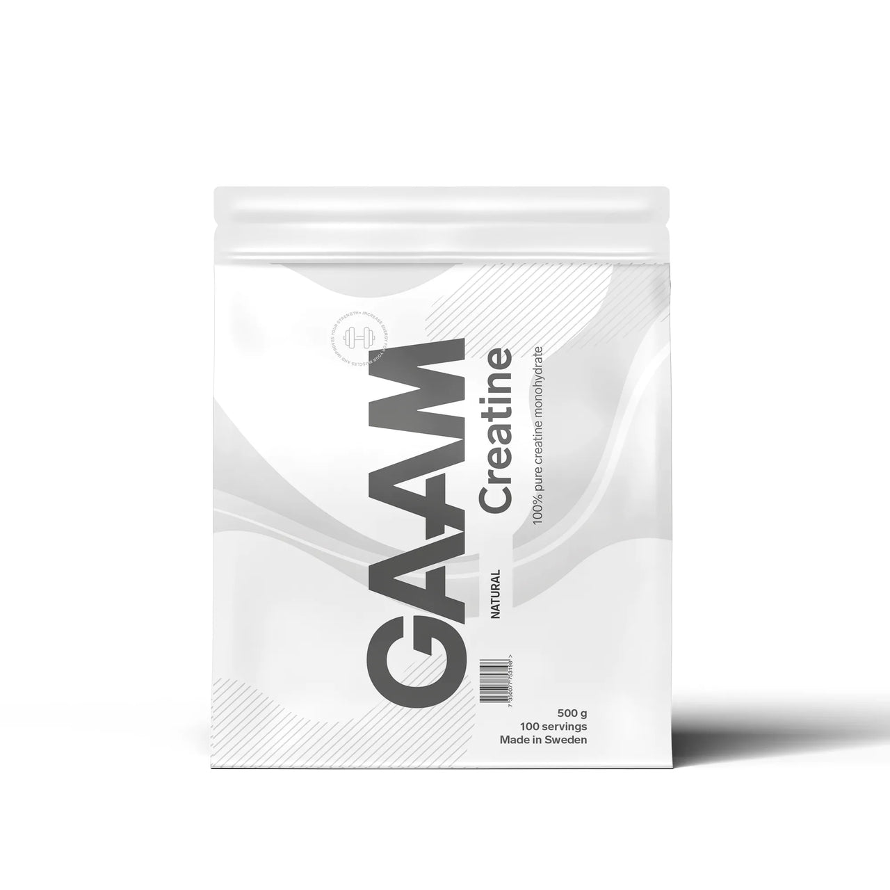 Valkoinen pussi maustamatonta GAAM Creatine Monohydrate Kreatin 500 g -kreatiinijauhetta.