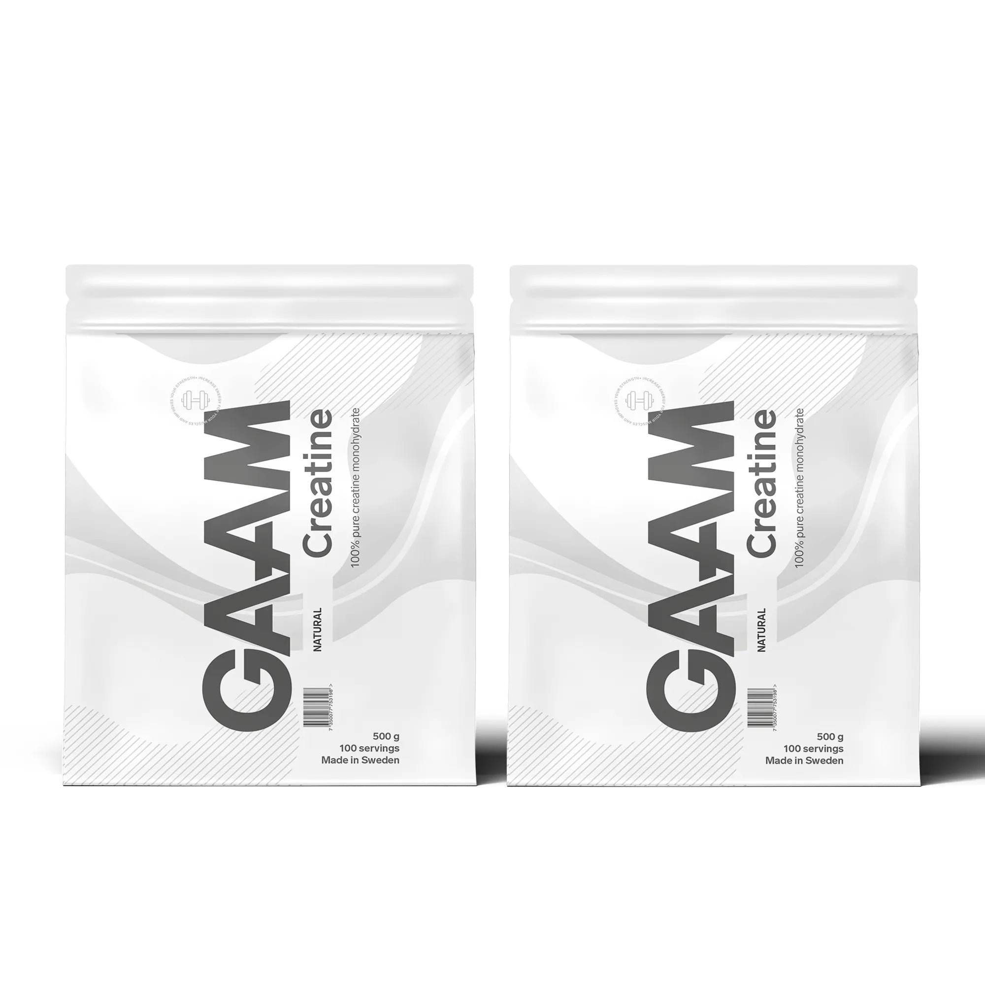 2 x GAAM Creatine Monohydrate 500 g kahdessa valkoisessa pussissa harmailla yksityiskohdilla ja suurella tekstillä.