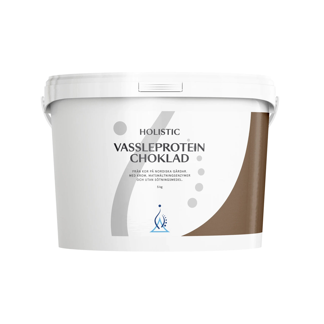Holistic Vassleprotein 5 kg -proteiinijauhe valkoisessa ämpärissä harmailla ja ruskeilla yksityiskohdilla, makuna Choklad.