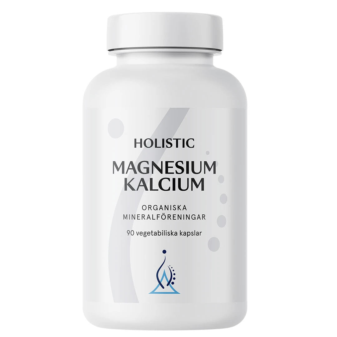 Holistic Magnesium/Kalcium 80/40 mg 90 caps -ravintolisä tyylikkäässä valkoisessa muovipurkissa harmain yksityiskohdin.