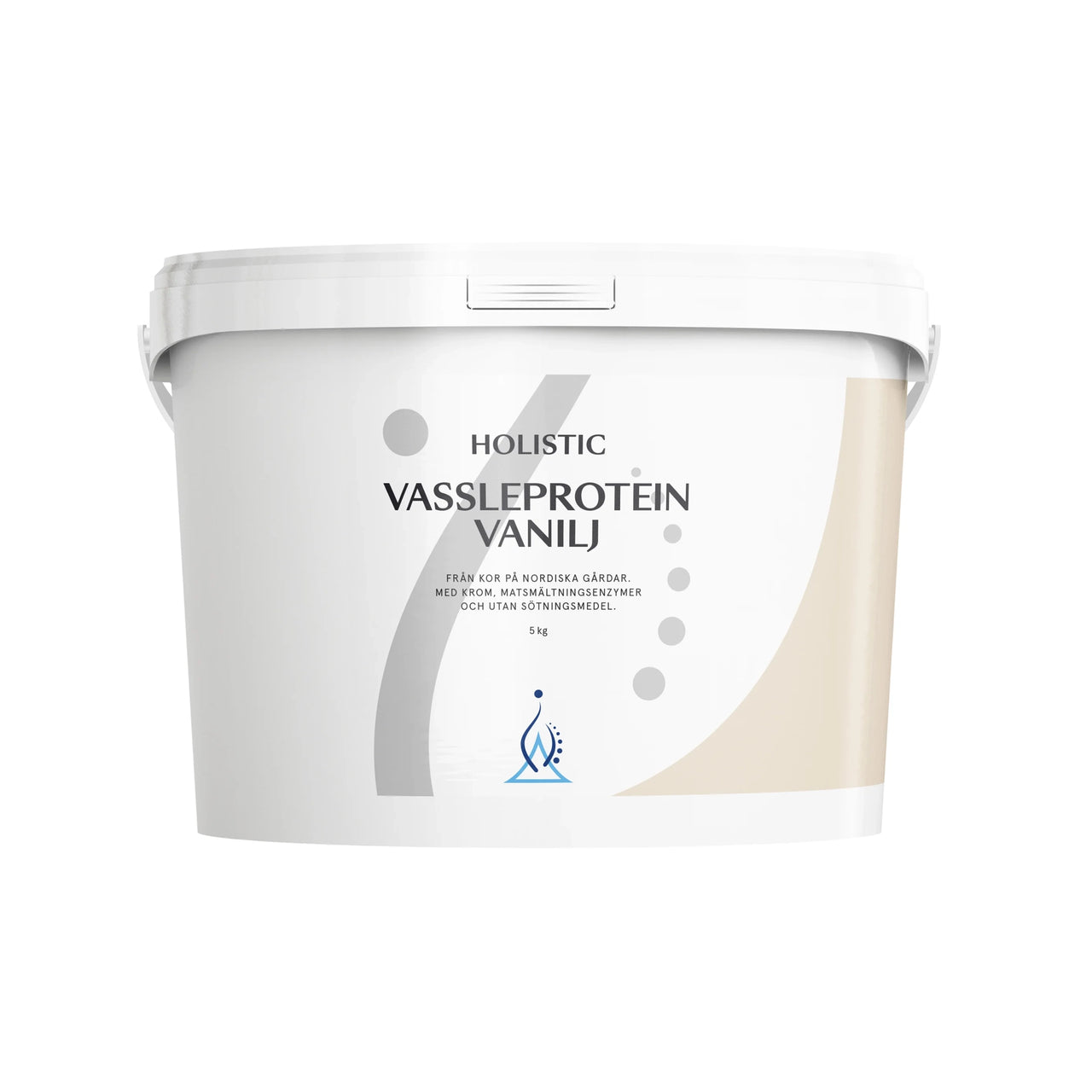 Holistic heraproteiini 5 kg -proteiinijauhe valkoisessa ämpärissä harmailla ja beigeillä yksityiskohdilla, makuna Vanilja.