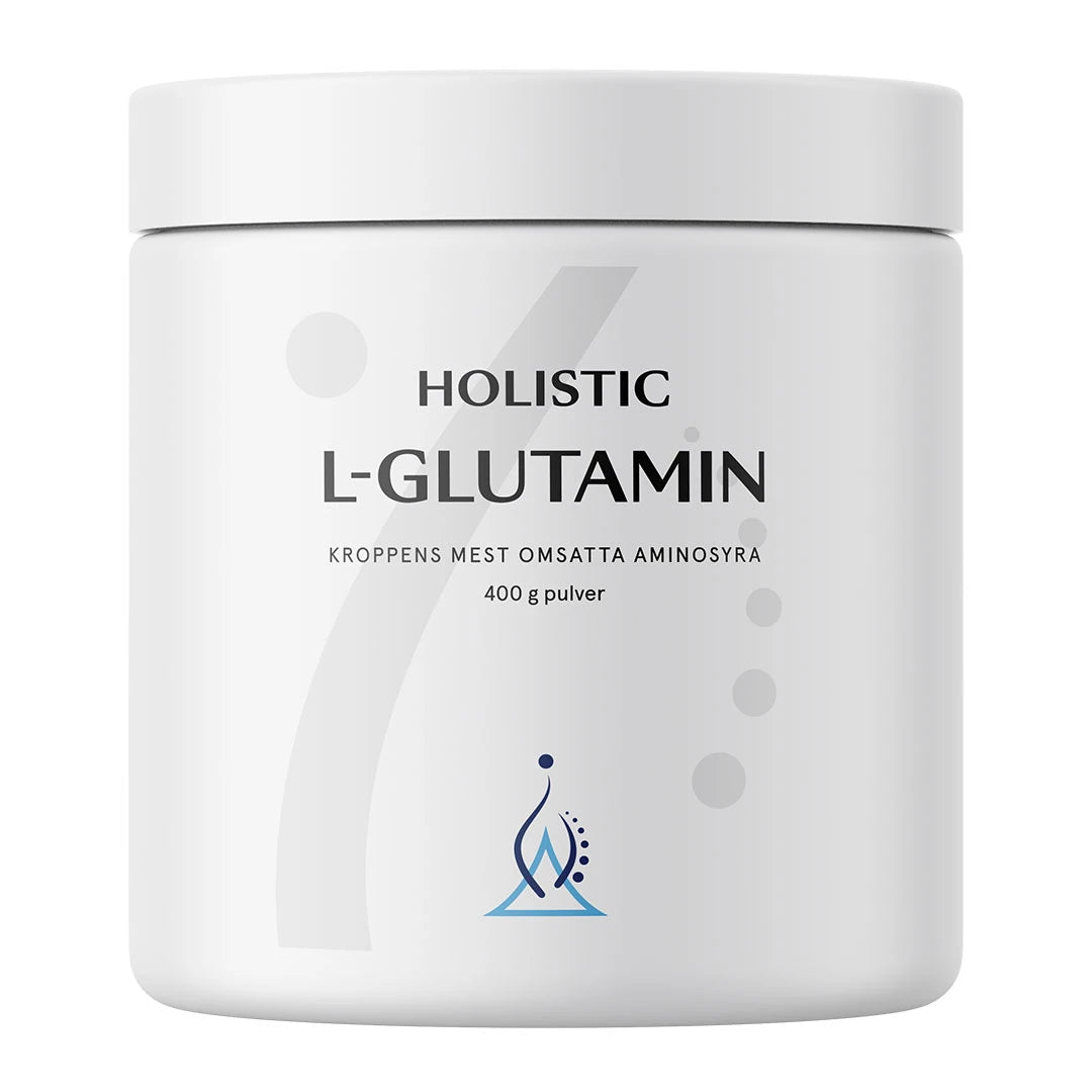Holistic L-glutamin 400 g -aminohappojauhe valkoisessa, minimalistisessa purkissa mustilla yksityiskohdilla.