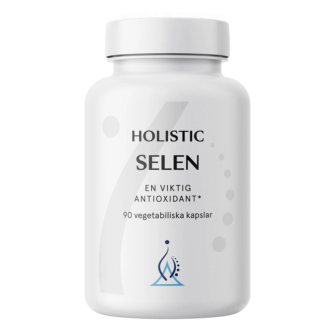 Holistic Selen 90 caps -kivennäisainelisä valkoisessa purkissa, kasviperäisiä kapseleita antioksidanttisuojaan.