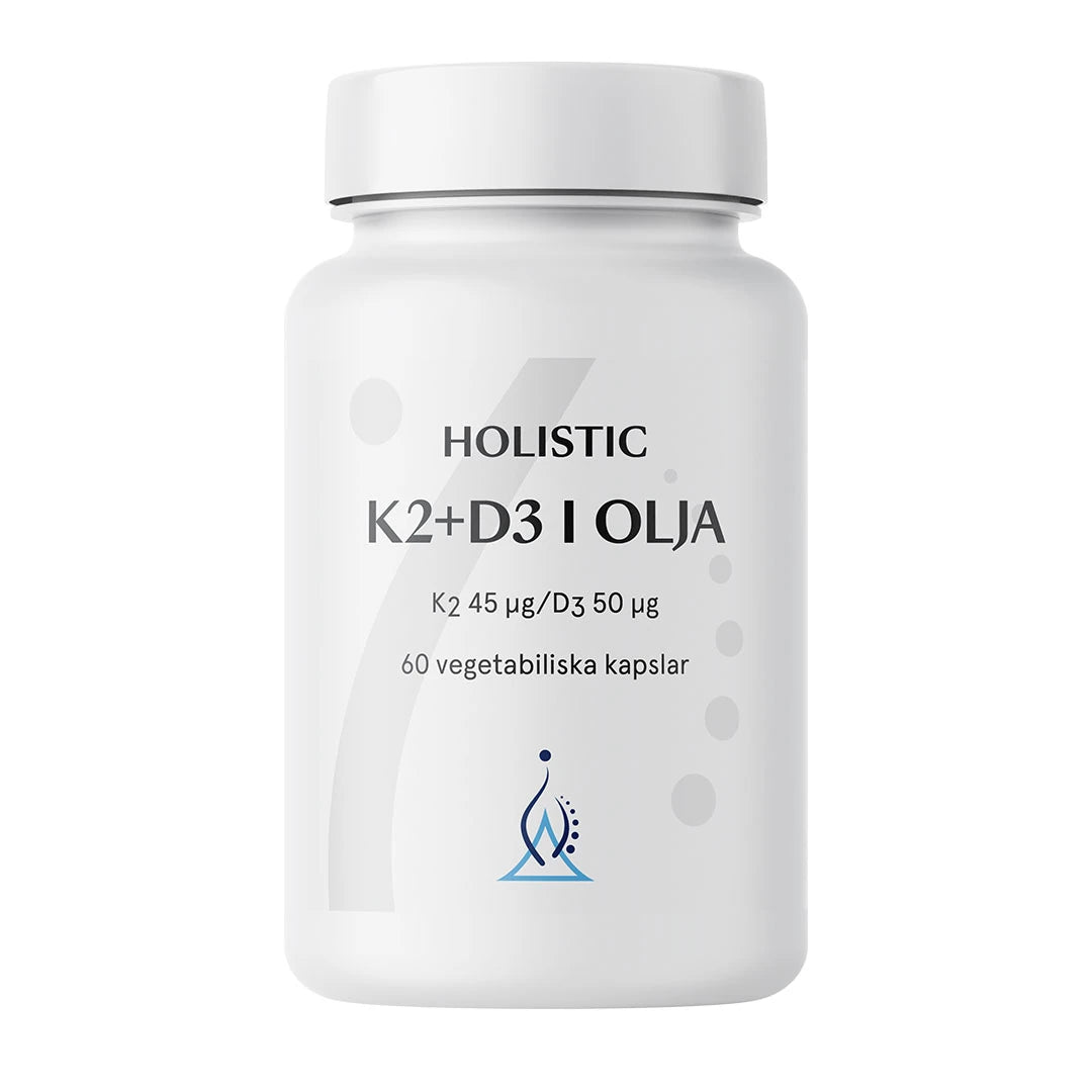 Holistic K2+D3 i olja 60 caps valkoisessa purkissa mustilla ja harmailla tekstiyksityiskohdilla.