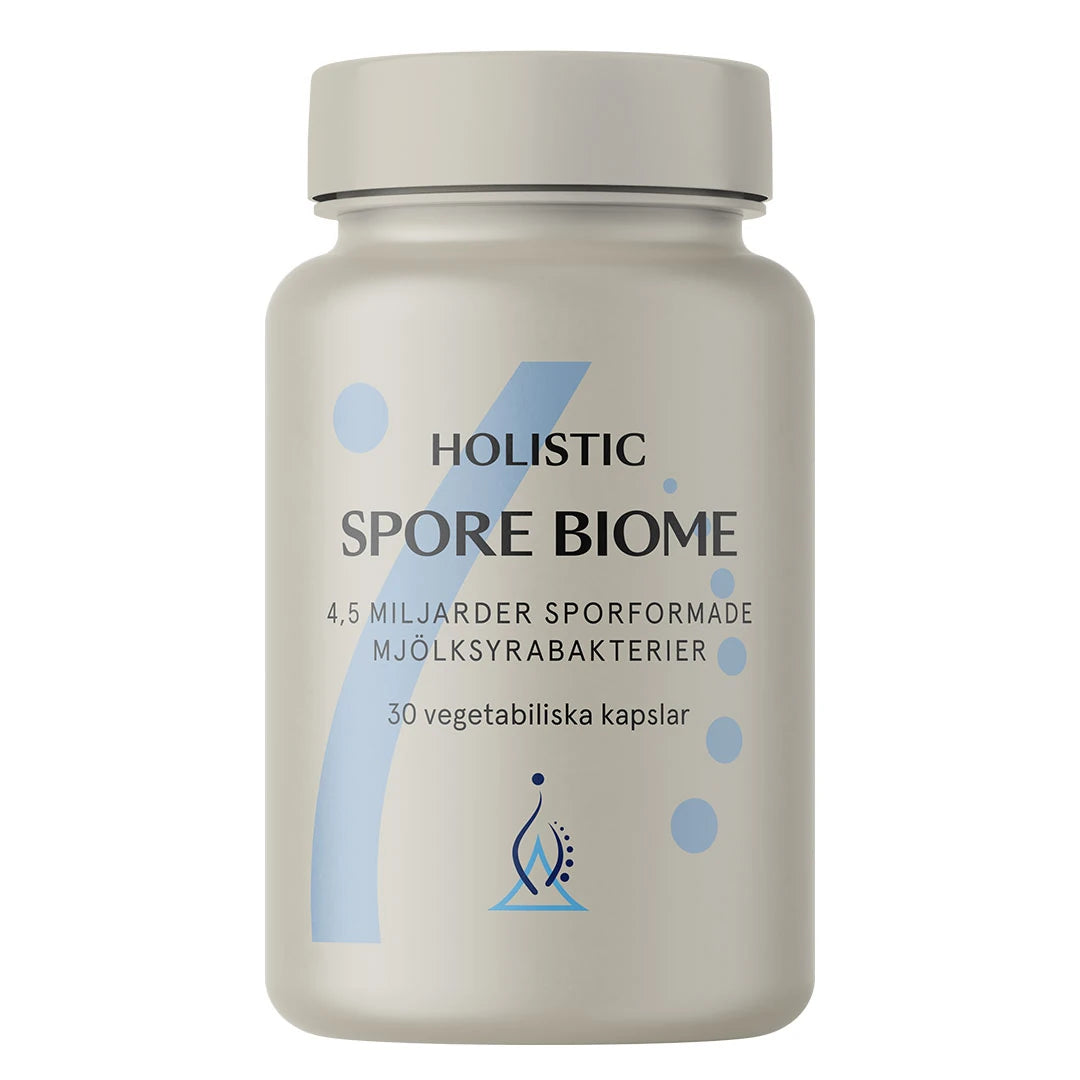 Holistic Spore Biome 30 caps -maitohappobakteerit vaaleanharmaassa purkissa, jossa on sinisiä graafisia yksityiskohtia.